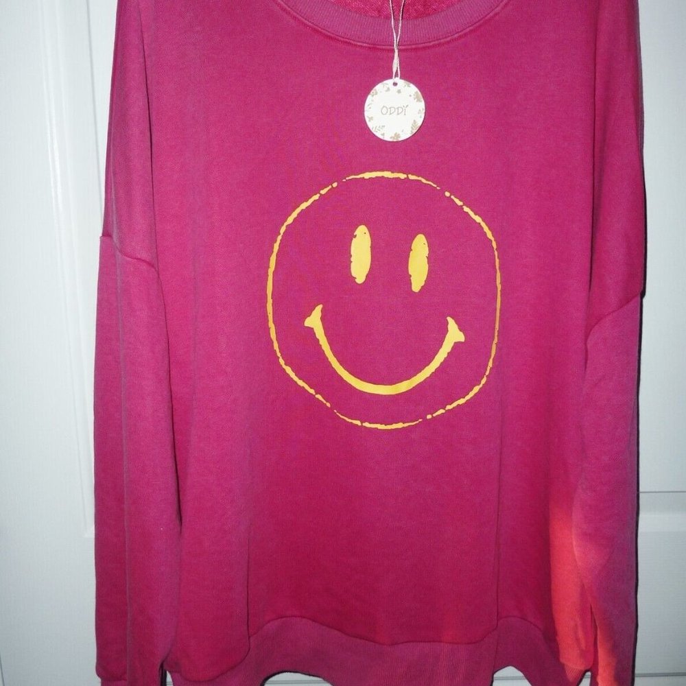 NWT Oddi Retro Smiling Face Fleece Sweatshirt Fuschia Plus 3X Very Over Sized - Picture 2 of 4